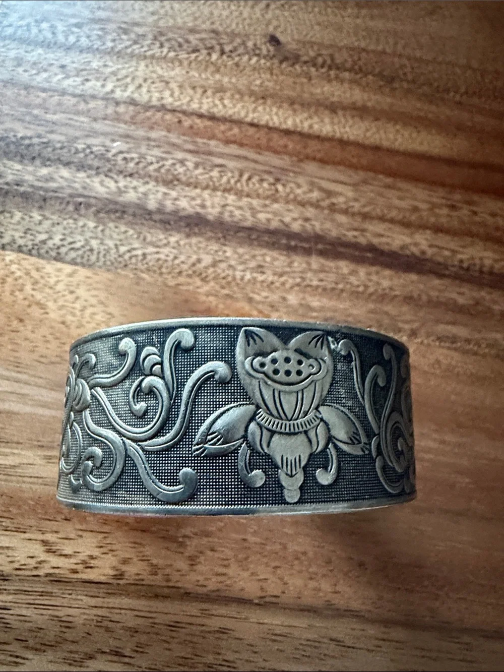 Sterling-Effect Floral Engraved Cuff Bracelet for Men — Silver Tone